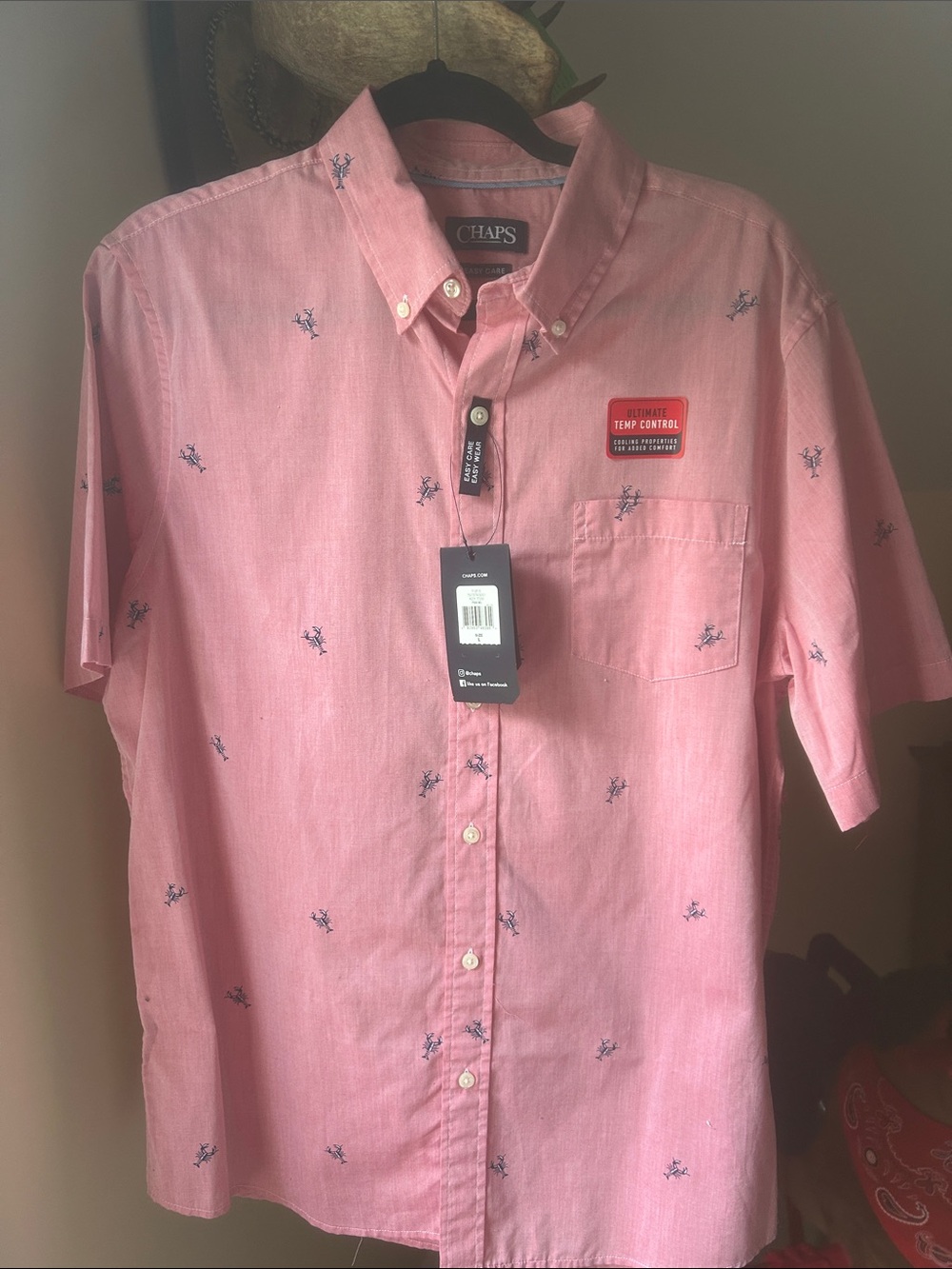 Chaps Pink Short-Sleeve Button-Down Shirt with Navy lobsters NWT